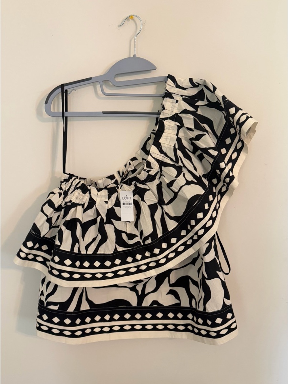 LOFT Black & White One-Shoulder Ruffle Crop Top